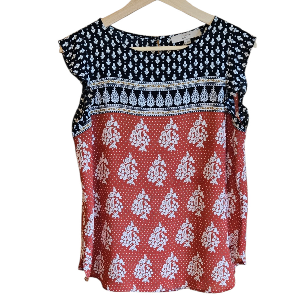 LOFT Medium Rust Orange Navy Blue Mixed Paisley Print Cap Sleeve Blouse Top